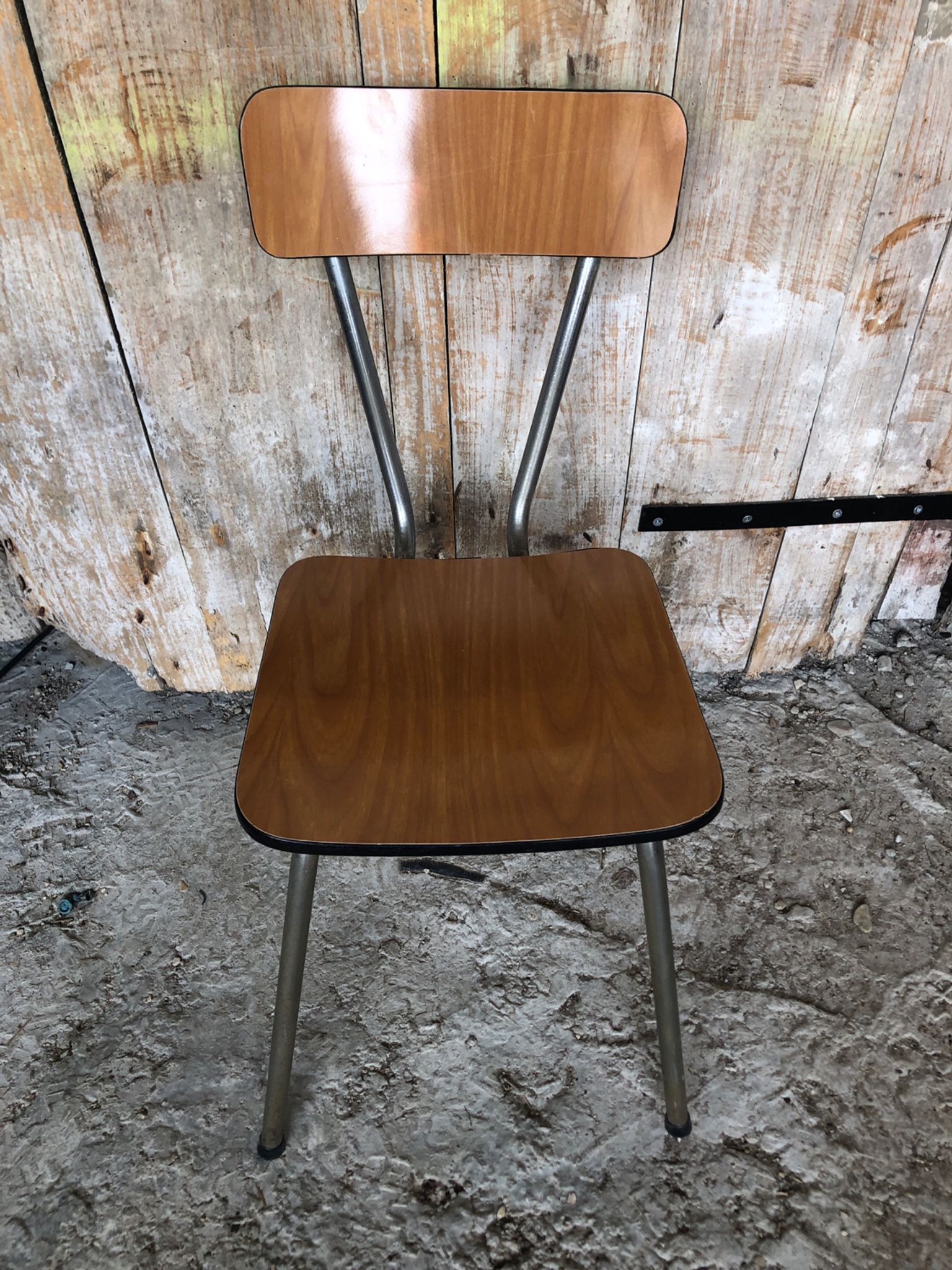Series of 4 Formica Chairs Wood Legs Metal Chrome Vintage #A243