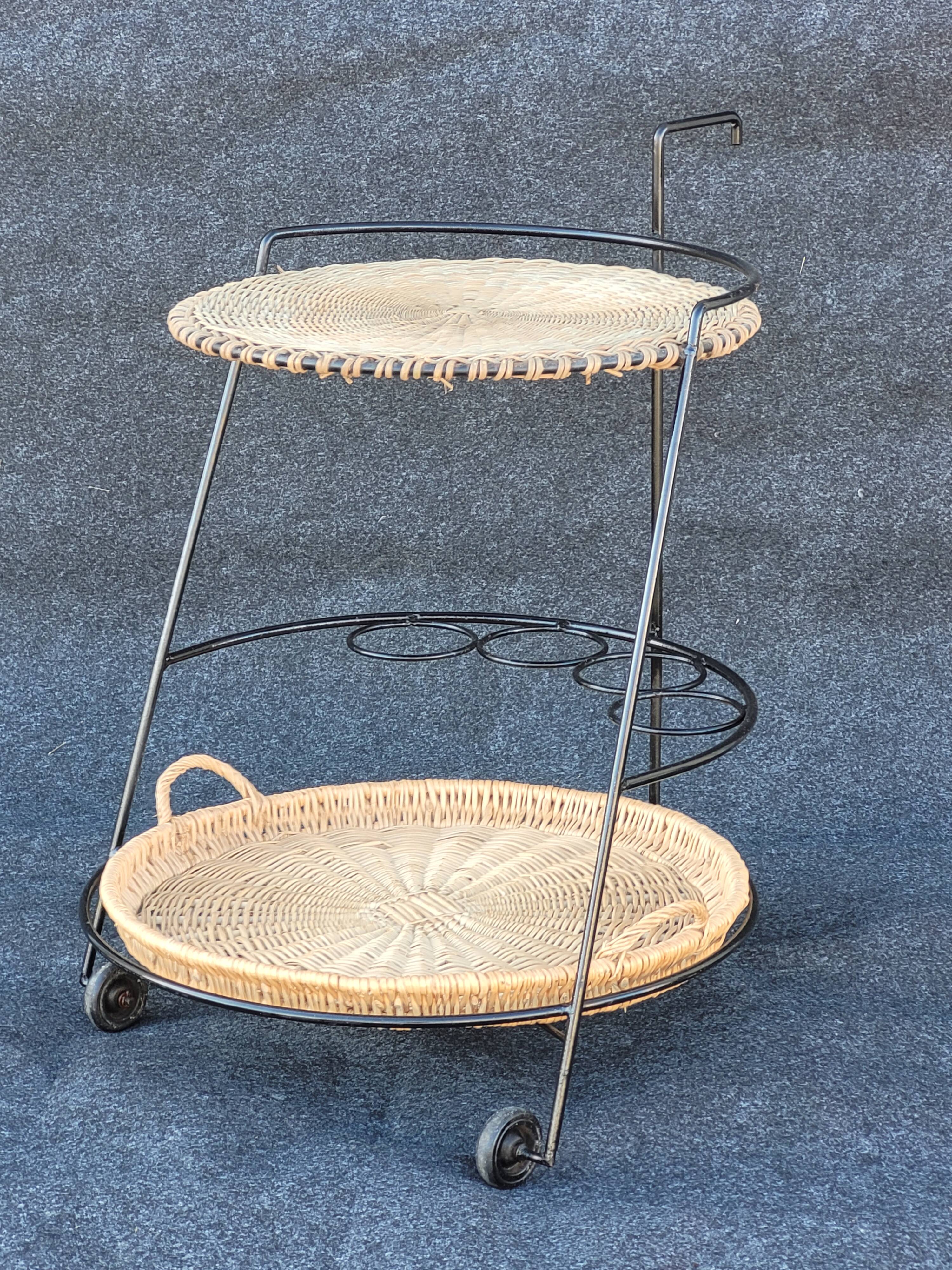French iron and wicker bar cart from the 1950s