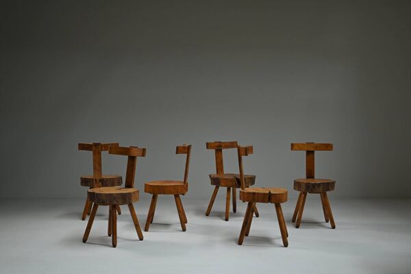Ensemble de chaises brutalistes en tronc d'arbre, France des années 1970.