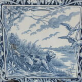 Old tile in Gien earthenware decoration hunting dog