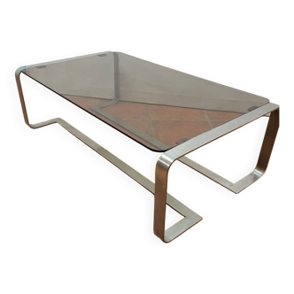 Coffee table with stainless steel base and smoked glass, from the 70s