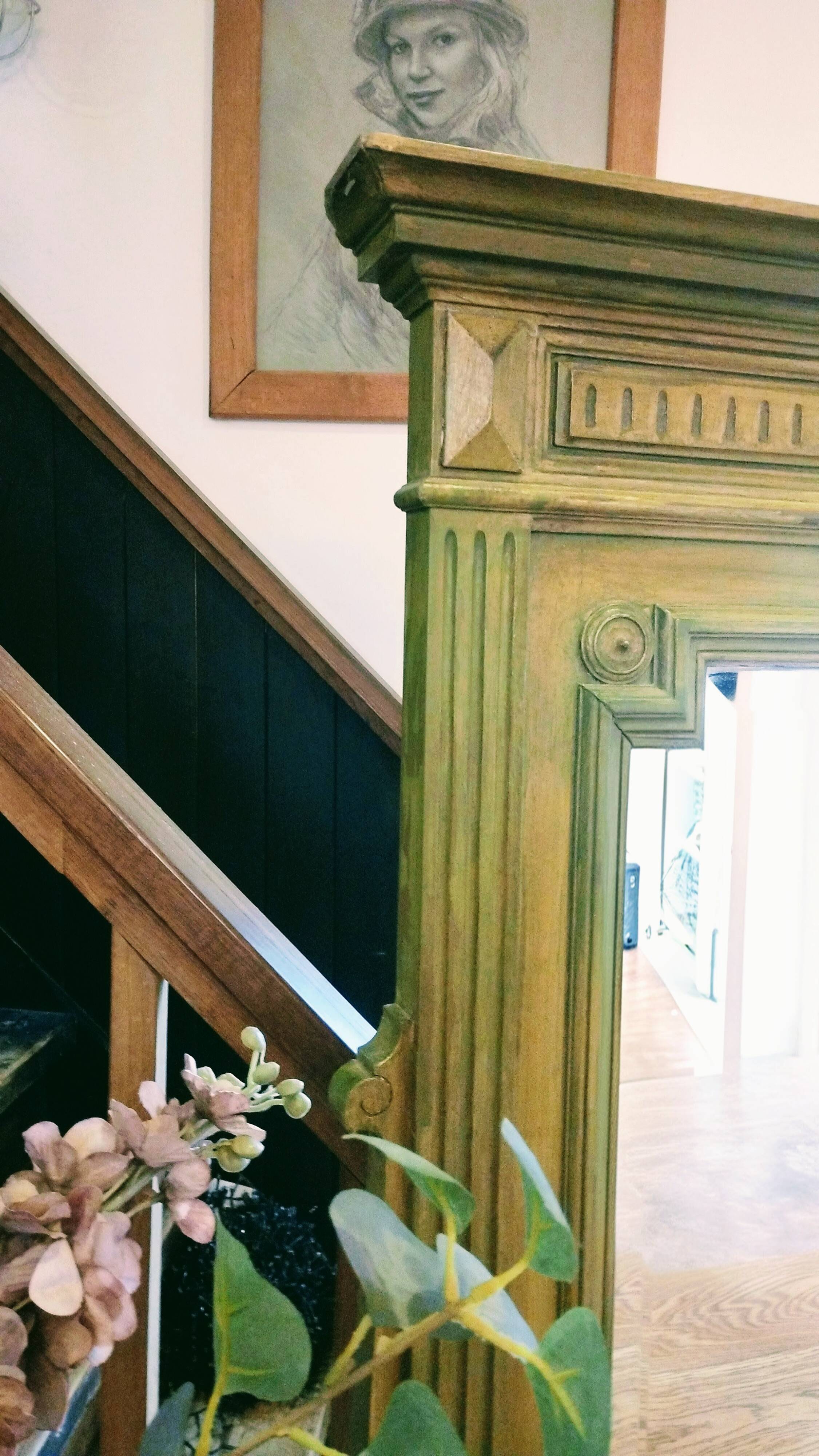 Antique bevelled mirror Farrow and Ball "Green Bancha"