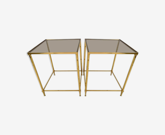 Paire de tables d'appoints vintage en laiton et verre fumé