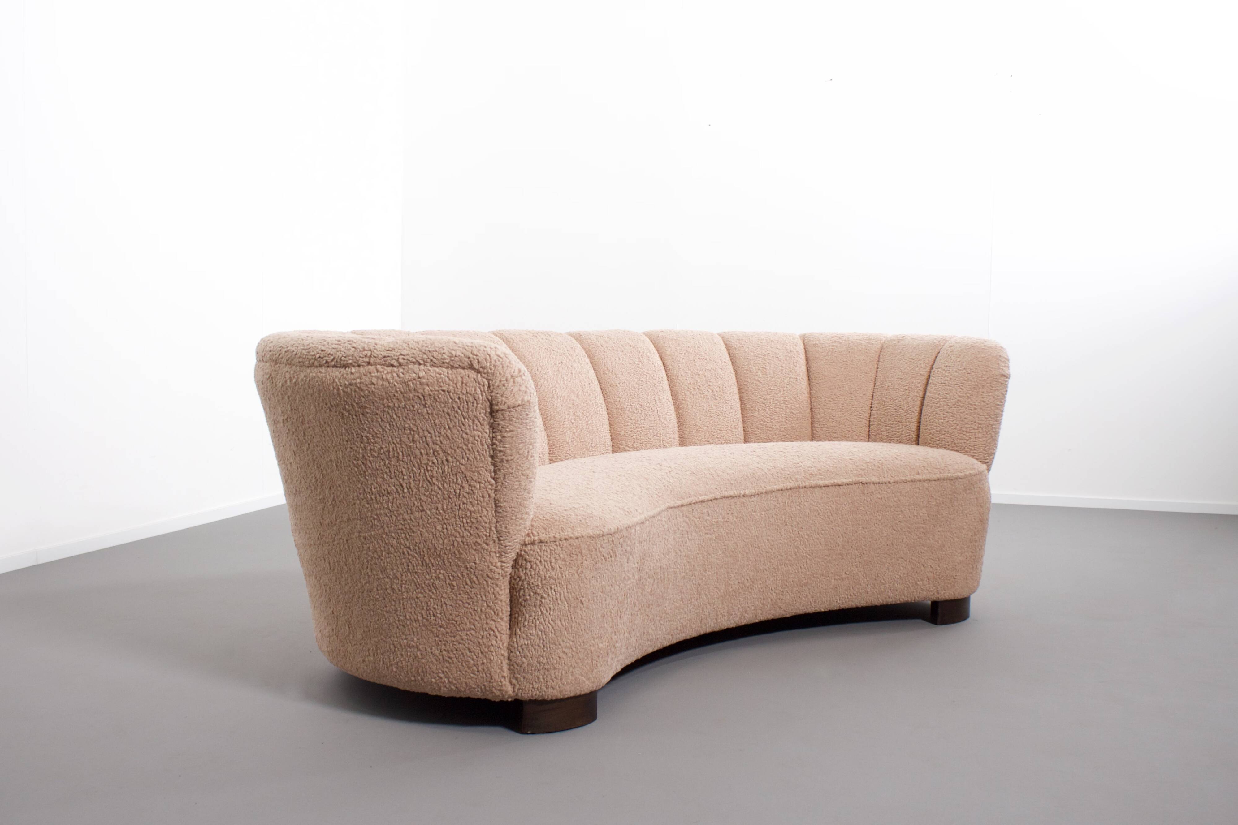 Danish curved banana sofa in a powder pink wool fabric, 1940s
