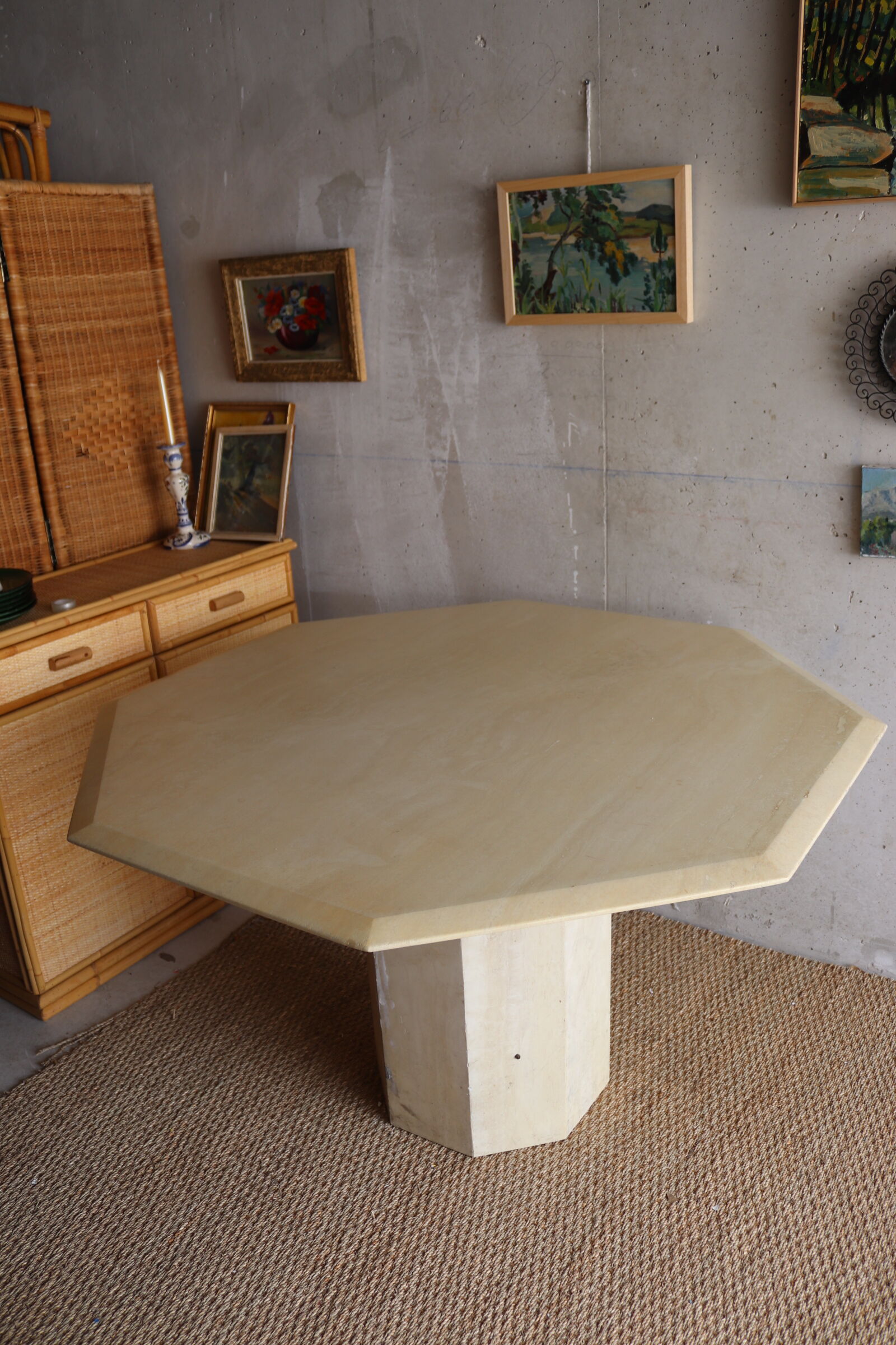 Hexagonal travertine dining table 80s