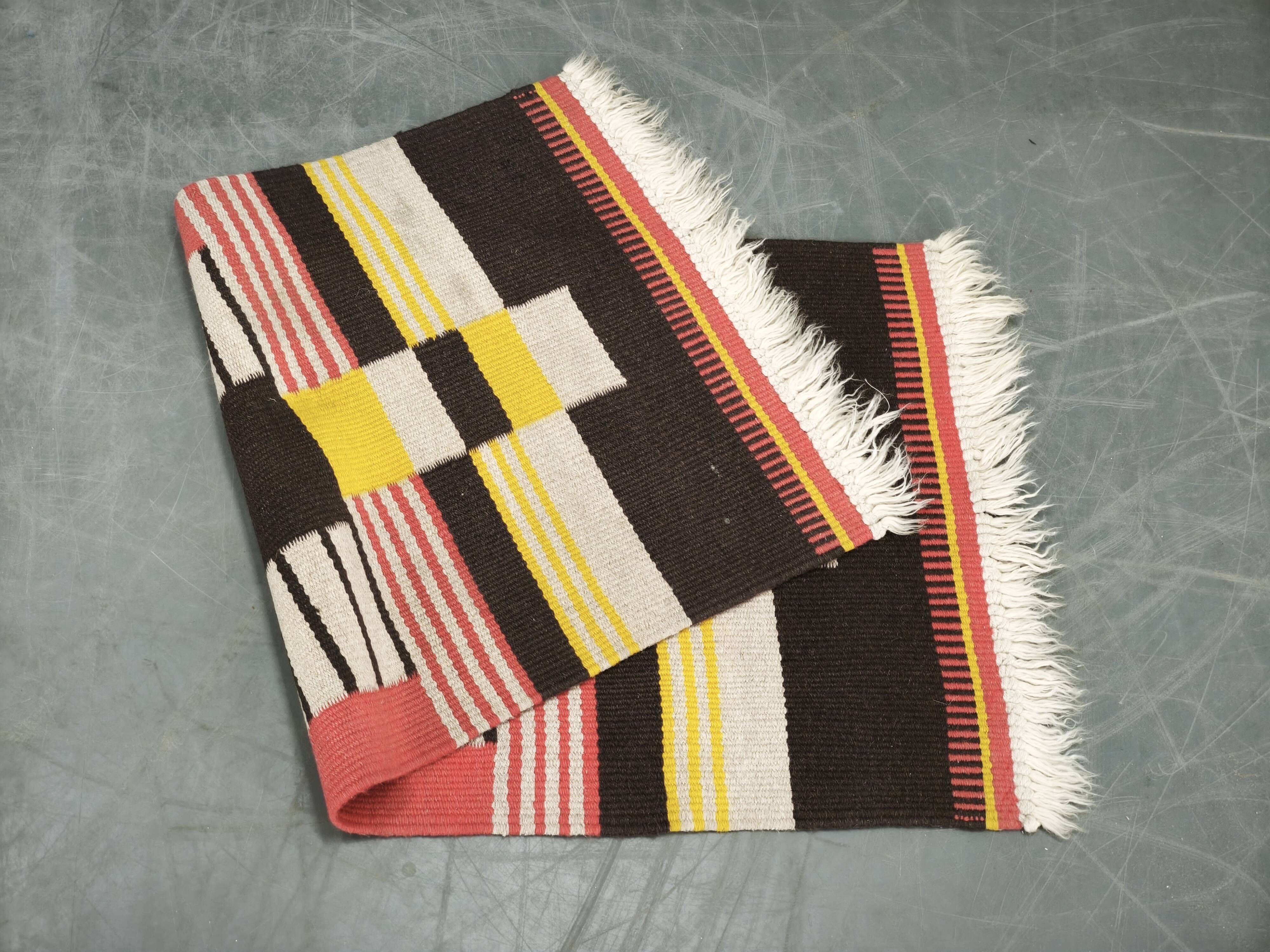 1950s Czech Geometric Wool Kilim Rug in Pink Black and Yellow