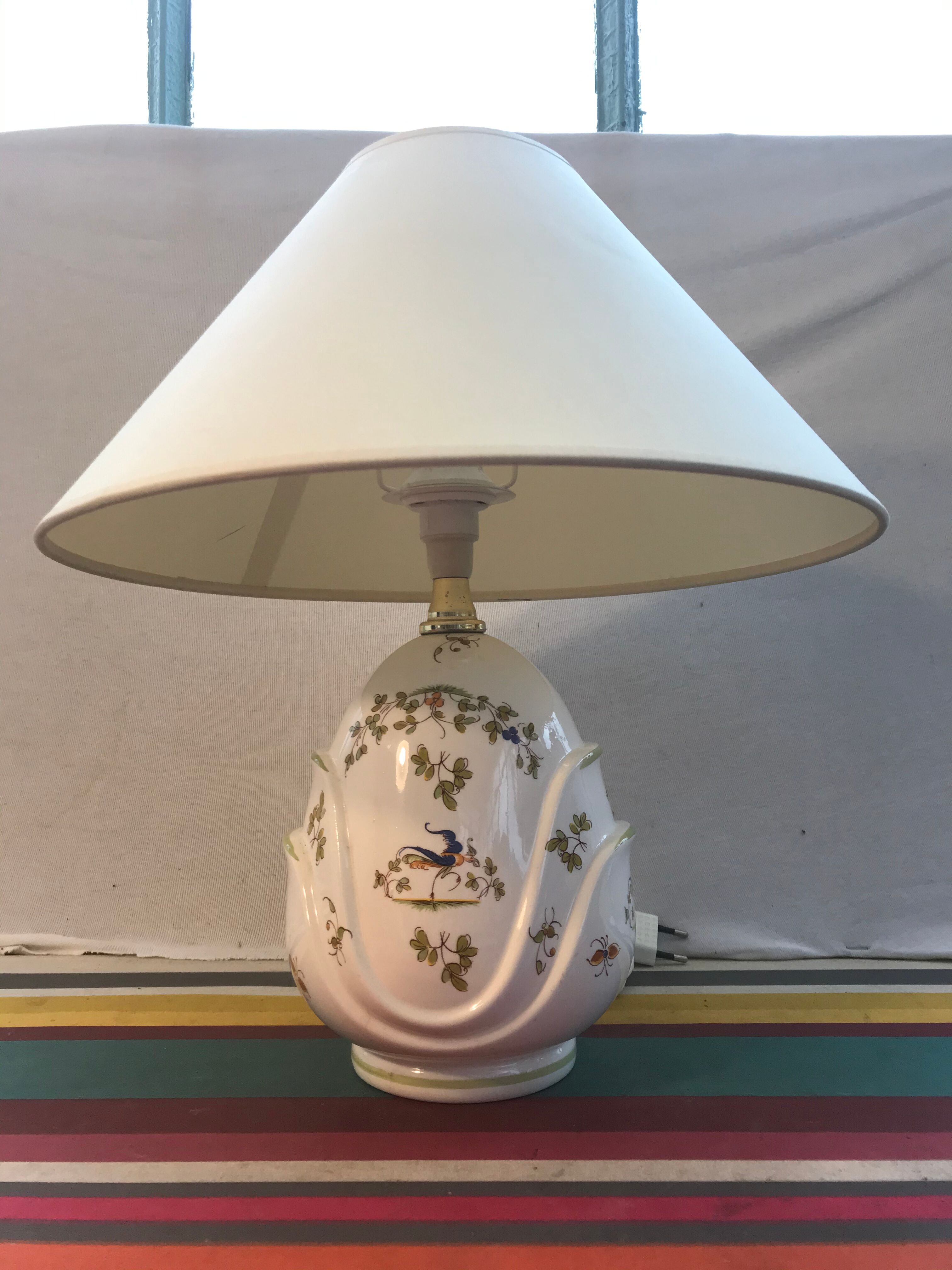 Old Moustiers ceramic lamp with white lamp shade