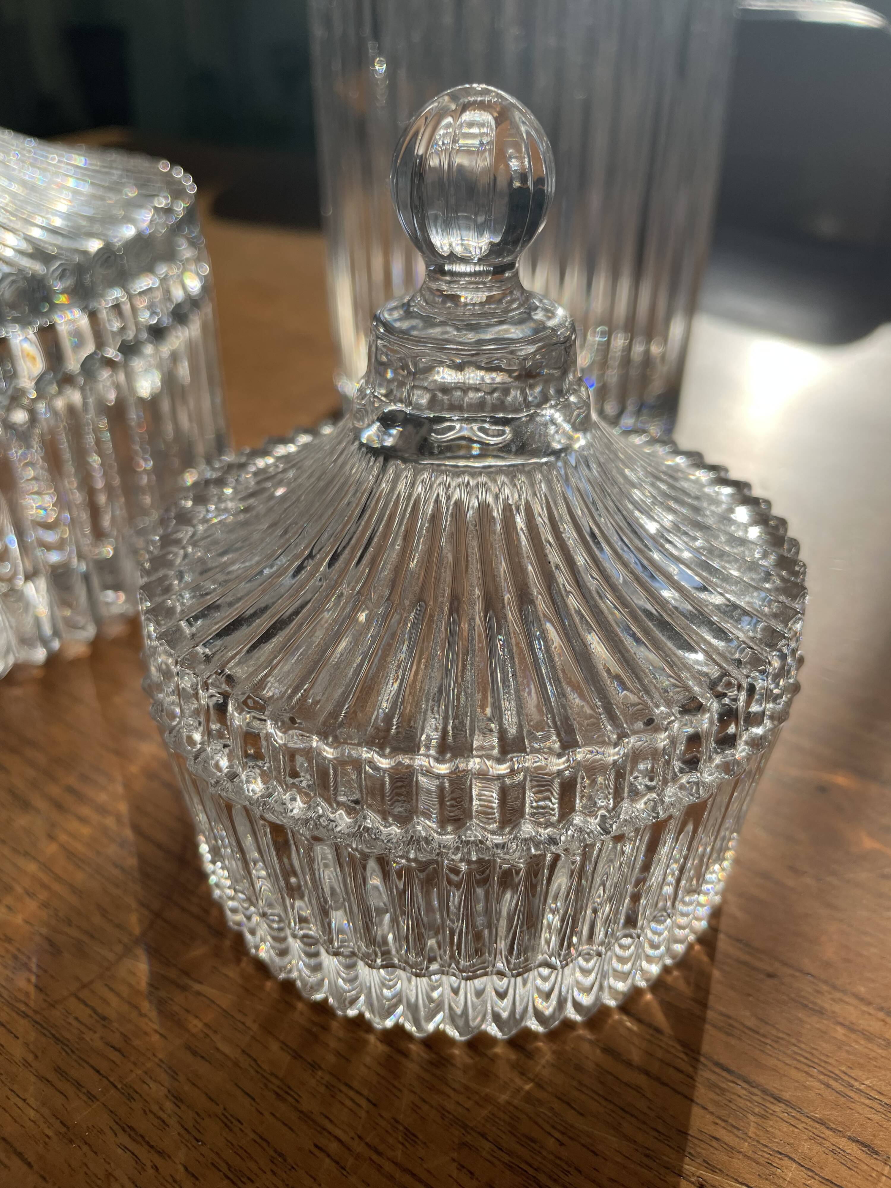 Set of 3 striped glass candy jars with lid or pharmacy jars.