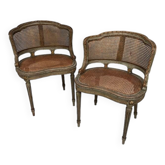 Pair of kidney-shaped caned seats in Louis XVI style, circa 1900