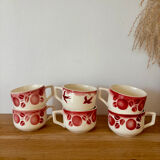 Set of 6 antique cups with fruits and birds from Badonviller.