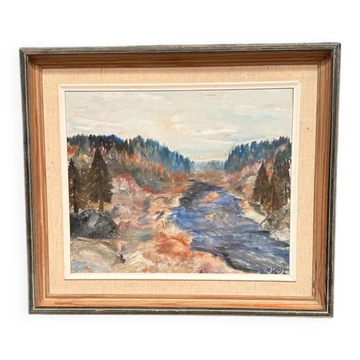 Original Swedish Oil on Canvas – “Landscape with River and Forest” by Kaj – Signed – Vintage & Framed – 60 × 52 cm (23.6" × 20.5")