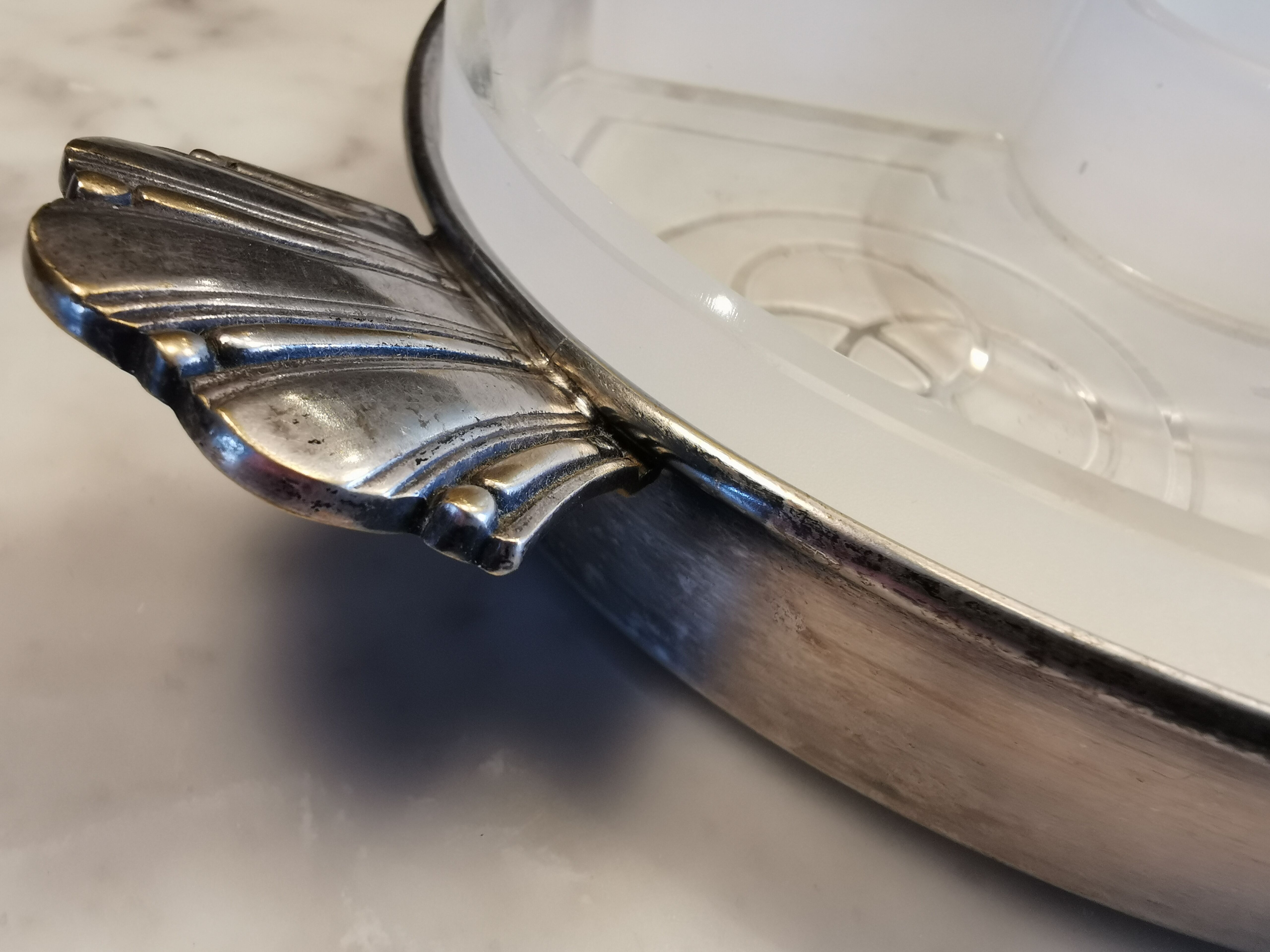 Vintage Art Deco silver-plated tray with glass bowls.