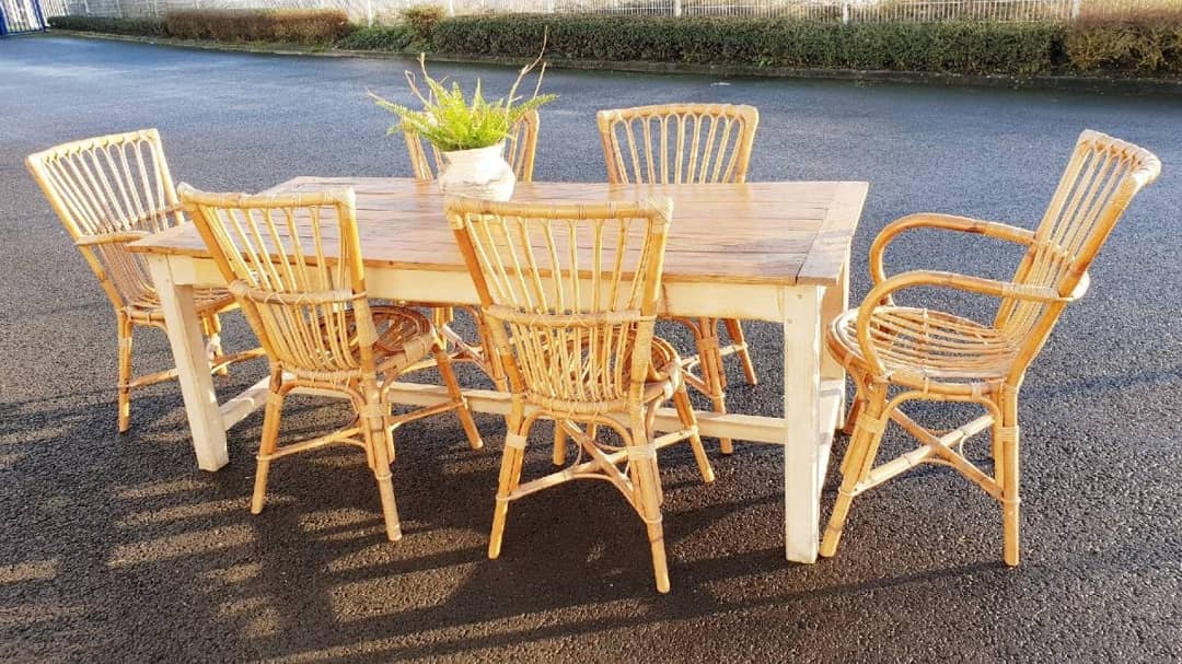 Four vintage bamboo and rattan chairs