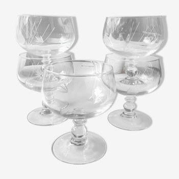 Lot de 5 coupes à glace à fruits en cristal finement taillé de 2 motifs épis de blé dépolis