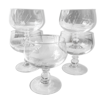 Lot de 5 coupes à glace à fruits en cristal finement taillé de 2 motifs épis de blé dépolis