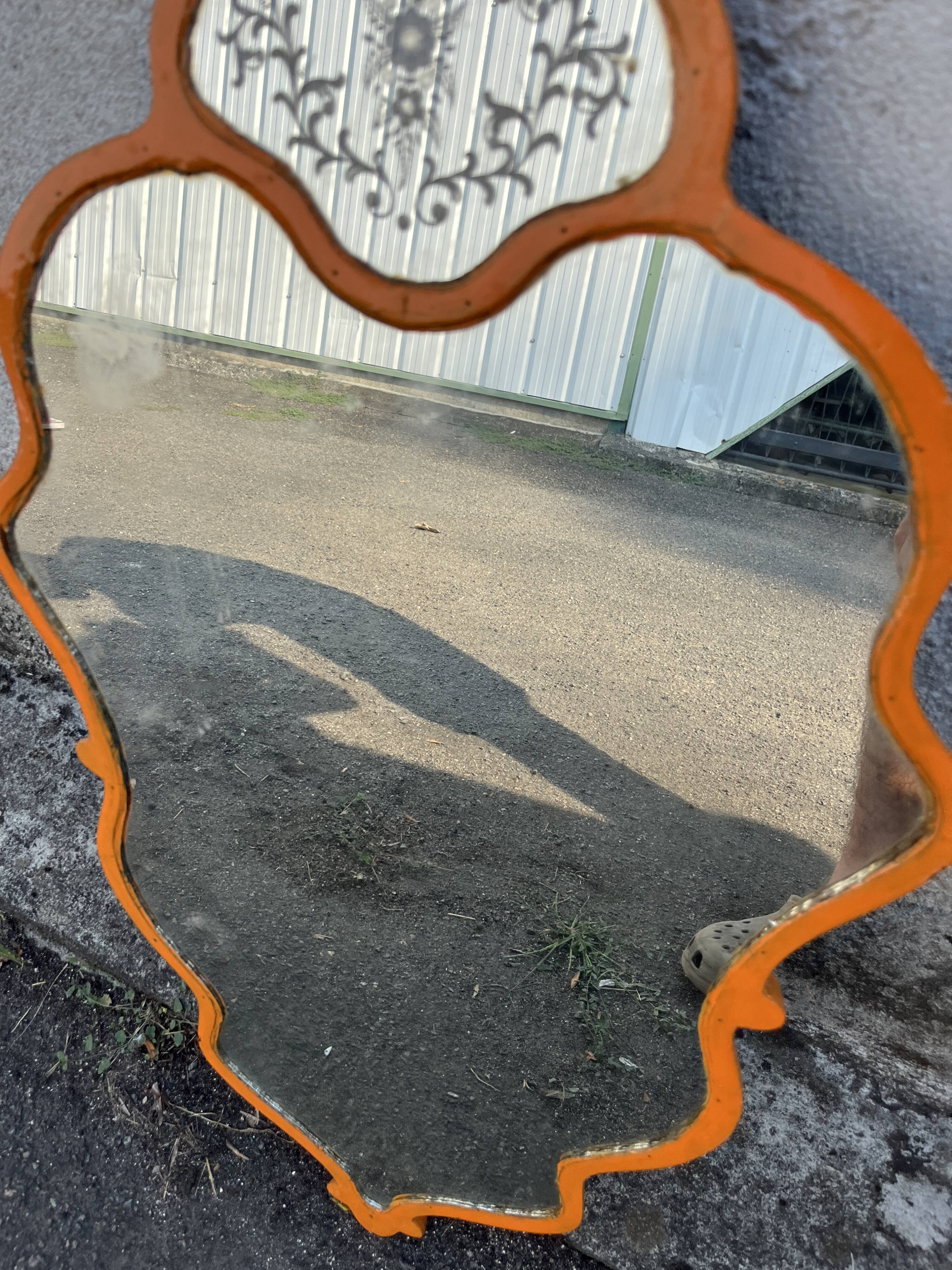 Vintage Venetian mirror, orange painted wooden frame