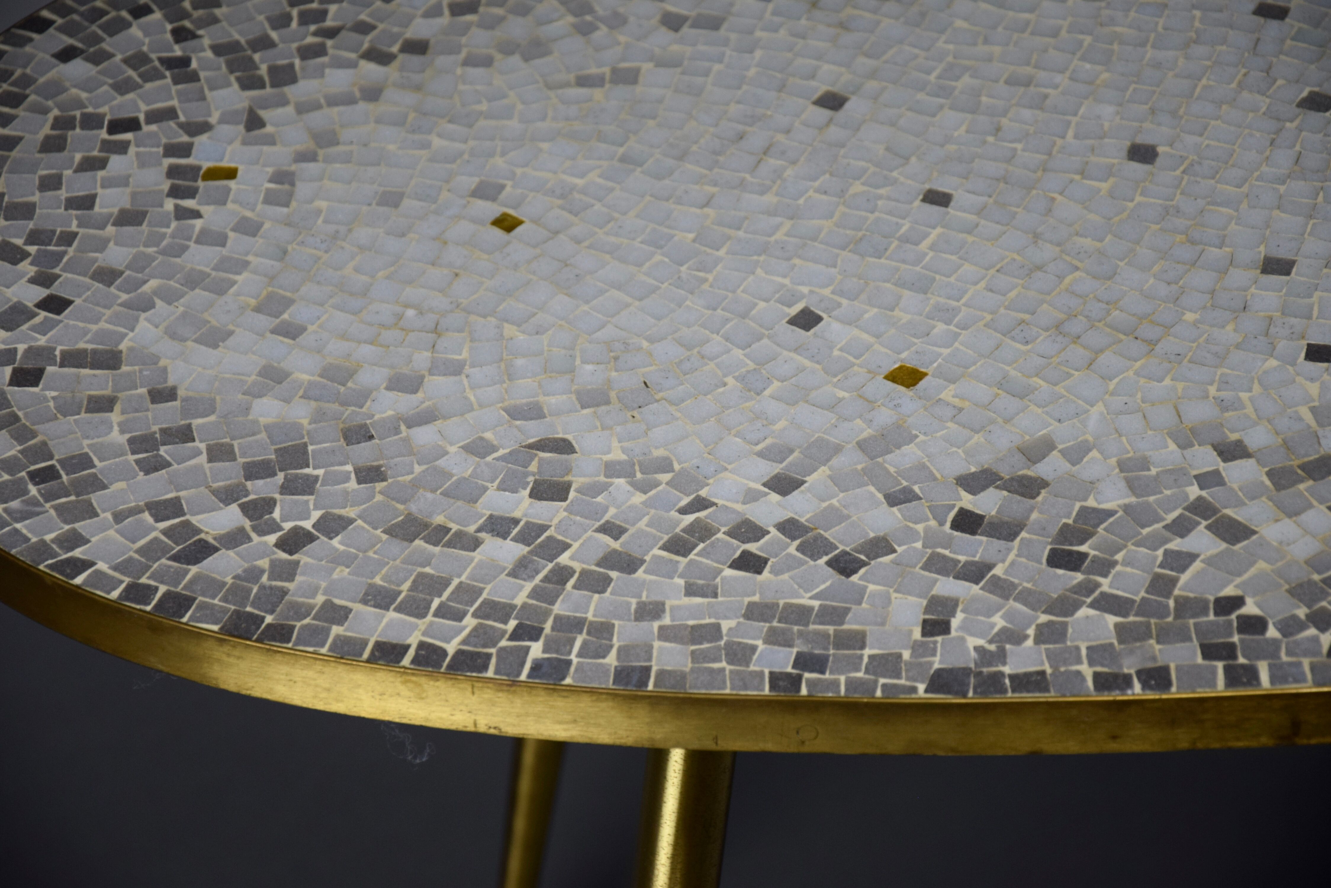 Brass Mid century Oval Coffee Table with Grey Glass Mosaic and Gold Highlights