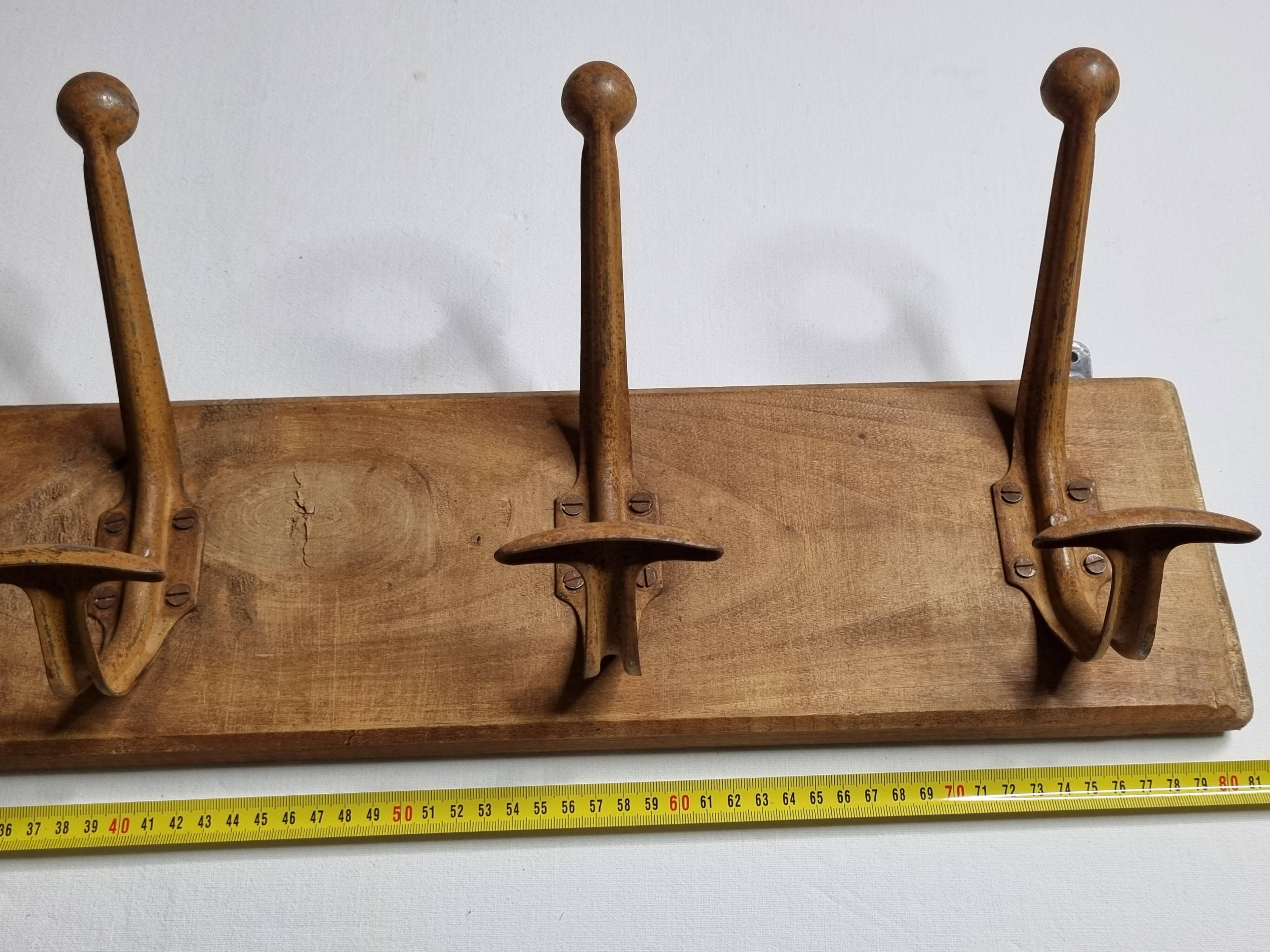 School wall coat rack, old, 5 hooks, 81 cm