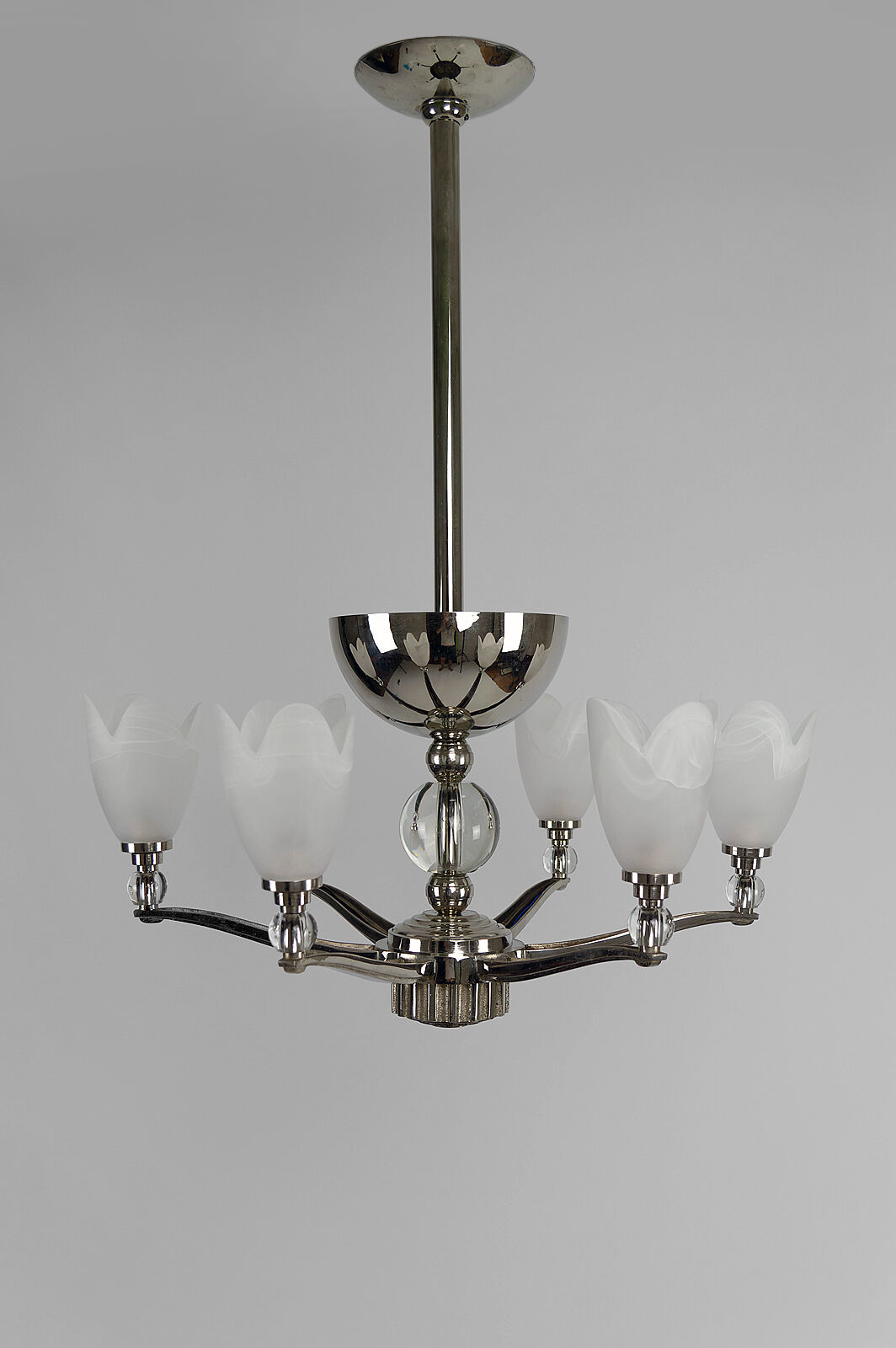 6-spoke Art Deco Modernist chrome chandelier, France, circa 1930