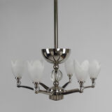 Lustre chromé Art Deco Moderniste à 6 branches, France, circa 1930