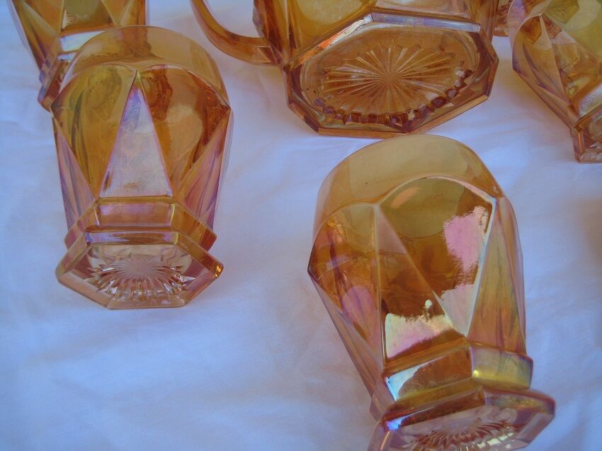 Old orange service pitcher & 6 glasses