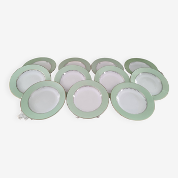 Set of 11 soup plates Cafés Lemaire marli water green and gold frieze