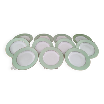 Lot de 11 assiettes creuses Cafés Lemaire marli vert d'eau et frise dorée