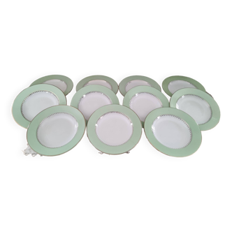 Set of 11 soup plates Cafés Lemaire marli water green and gold frieze