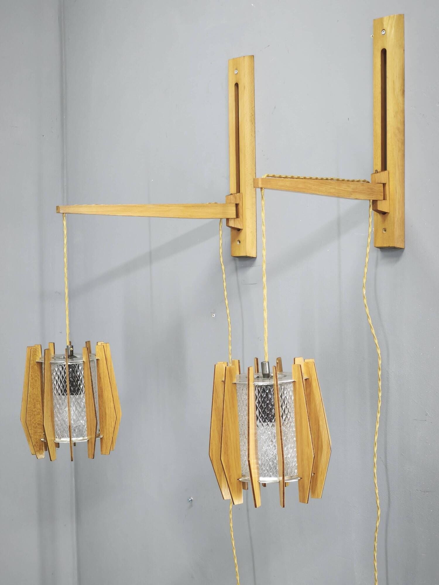 Pair of Dřevo Humpolec Adjustable Swing Arm Wall Lamps, 1960s
