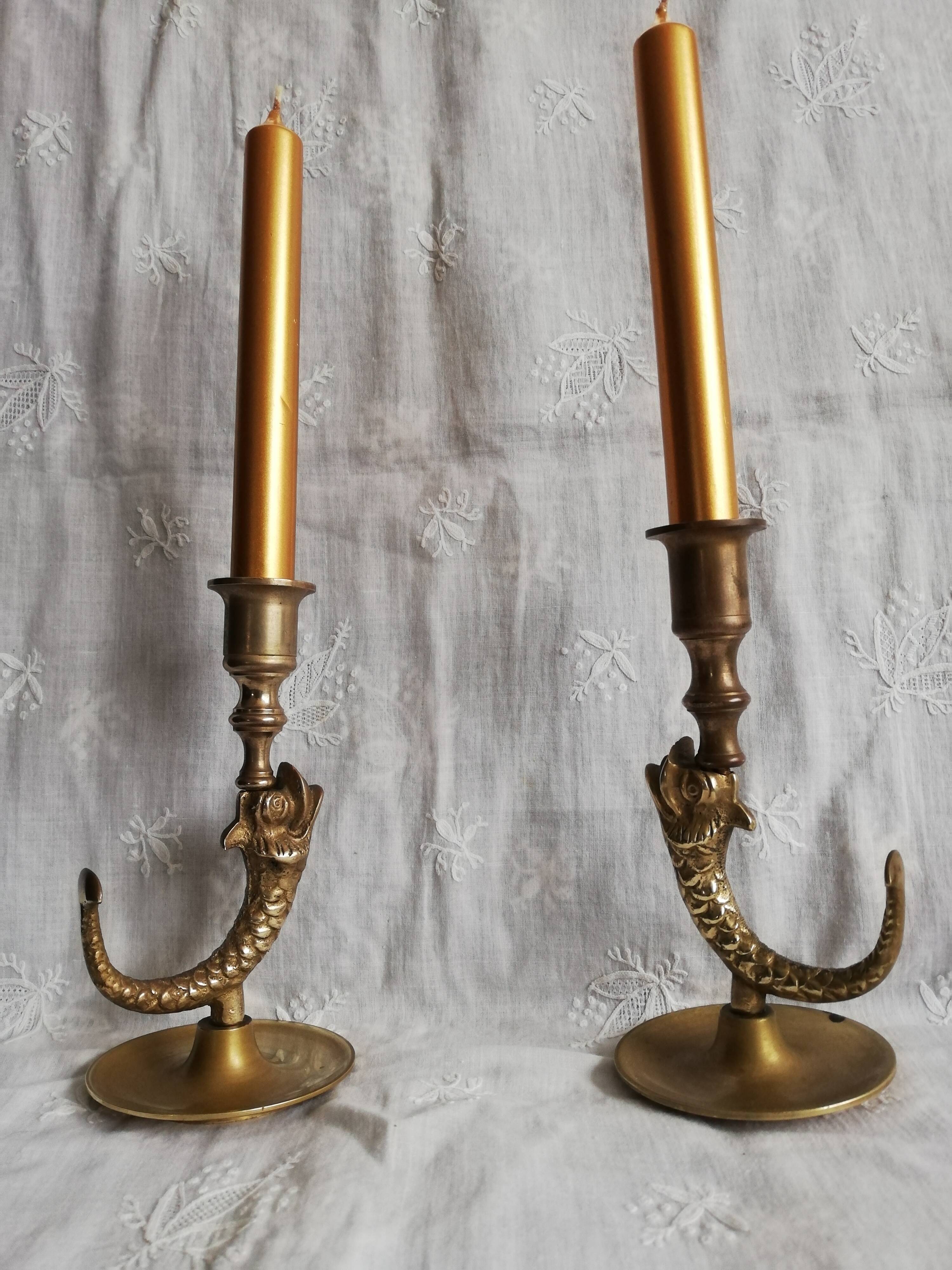 Duo brass fish candlesticks