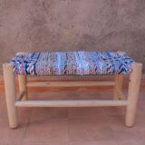Blue woven and wood bench stool