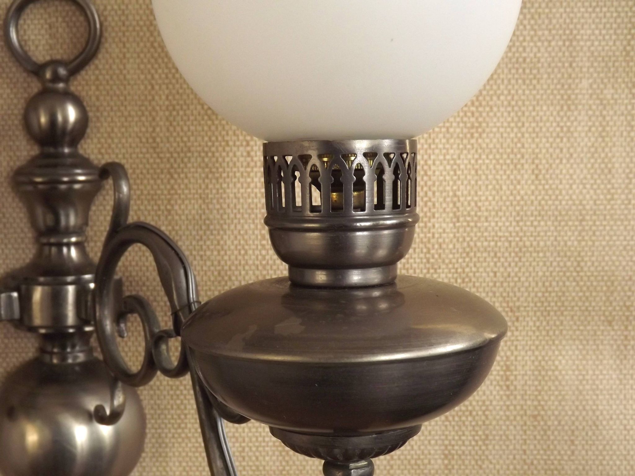 Vintage French silvered Flemish double wall sconce with opaque white glass shade 5007.