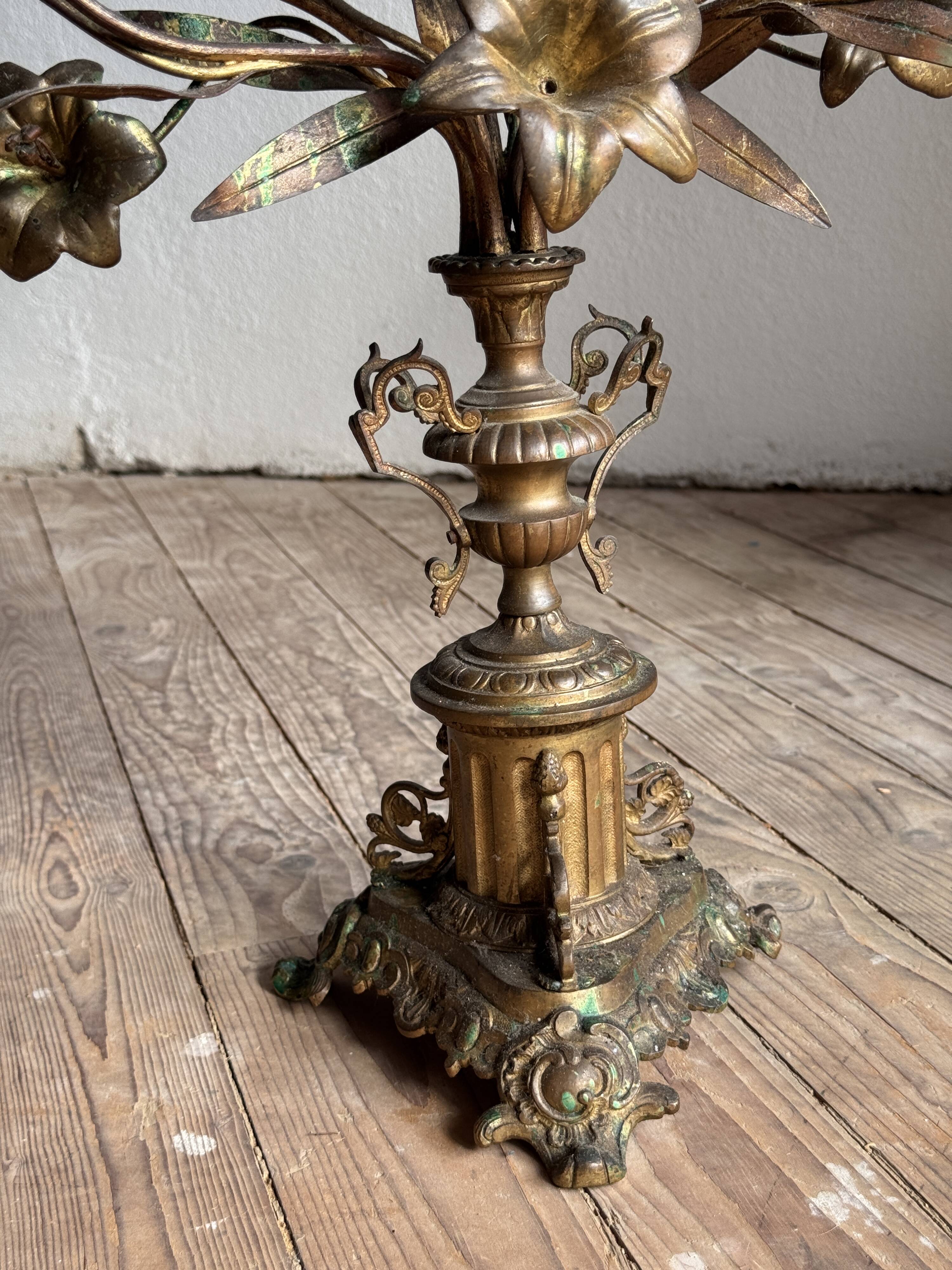 Pair of large 9-light altar candelabra, 19th century, in bronze and brass