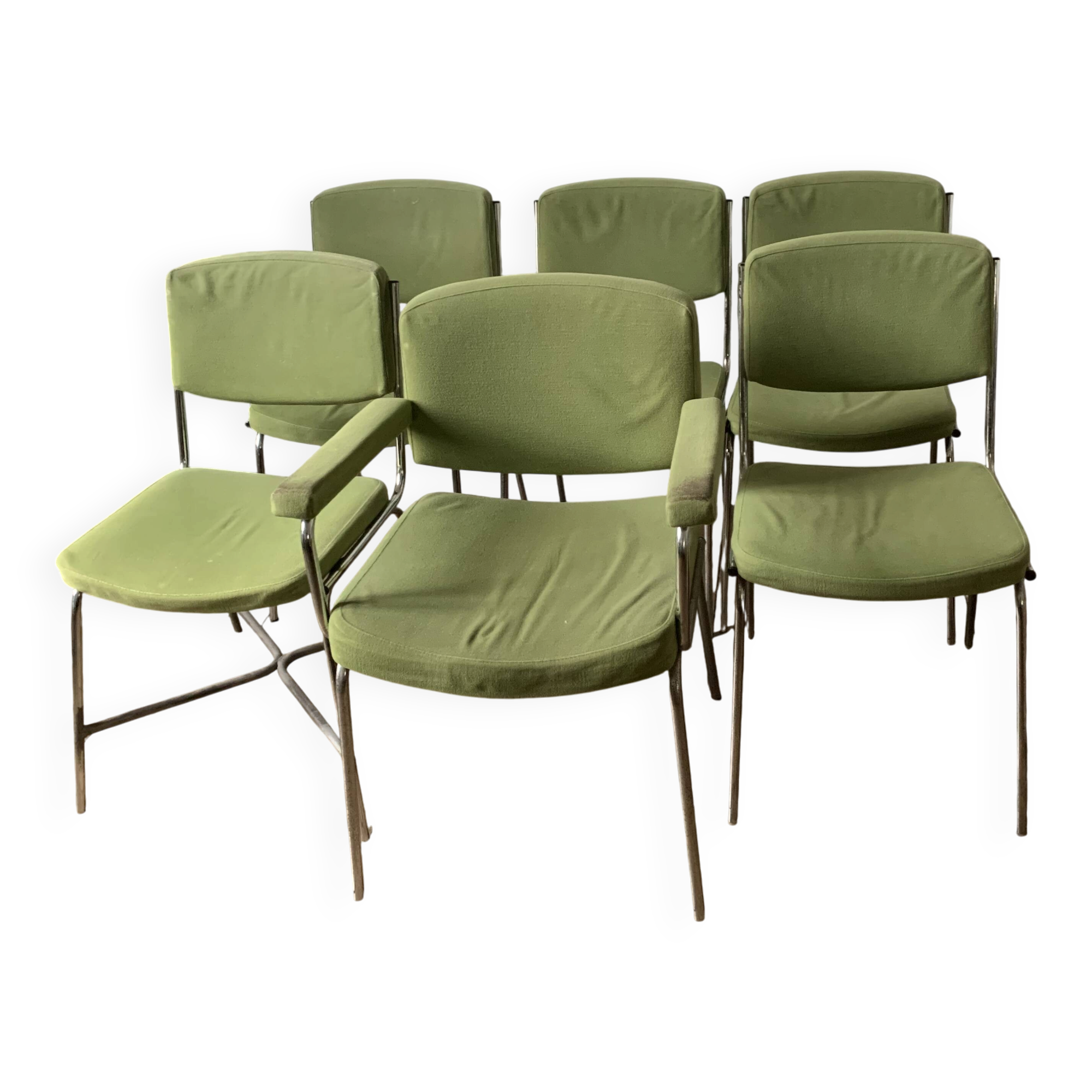 5 chaises 1 fauteuil 1970  structure chrome assise tissu vert style indus