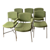 5 chaises 1 fauteuil 1970  structure chrome assise tissu vert style indus