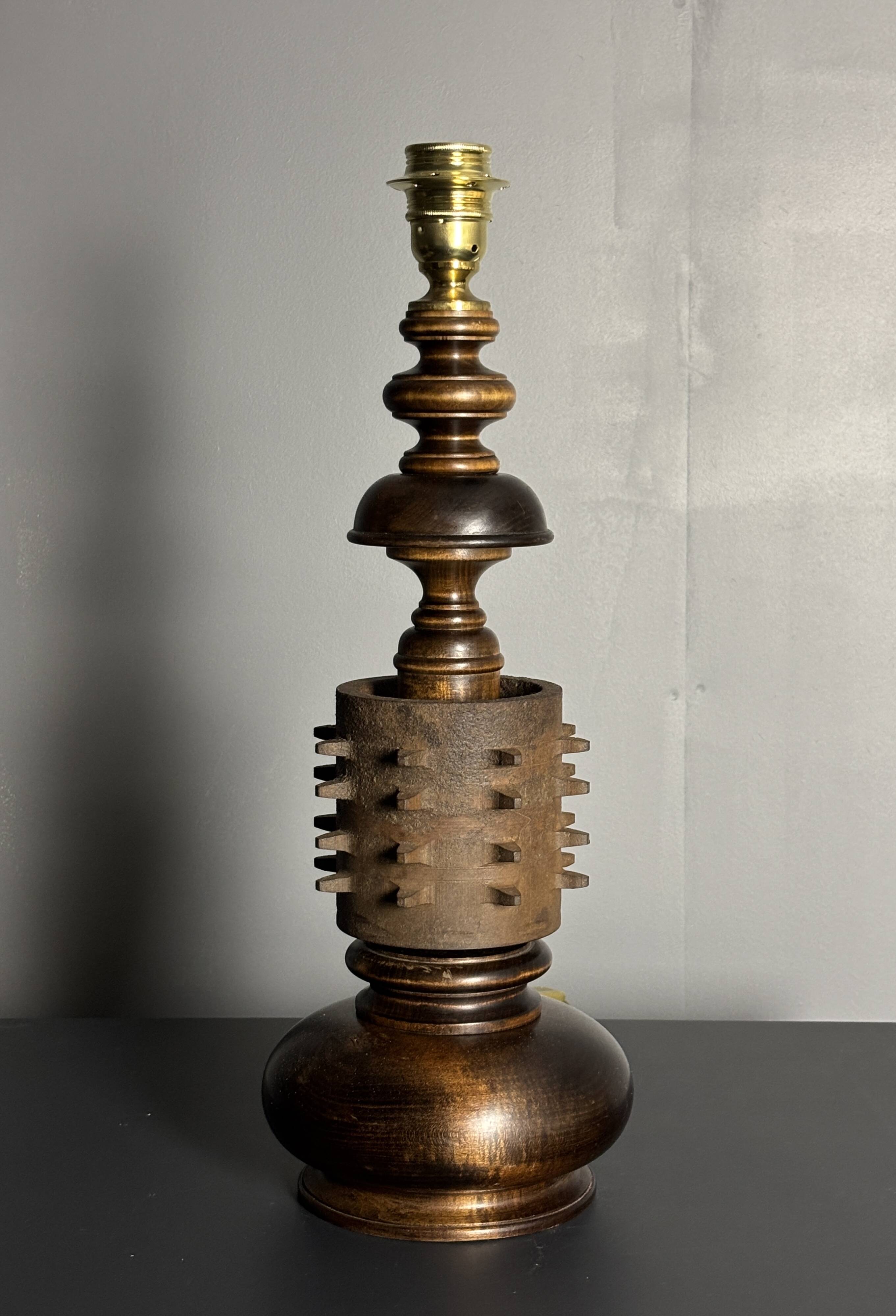 Brutalist wood turned and cast iron large table lamp, 1960s