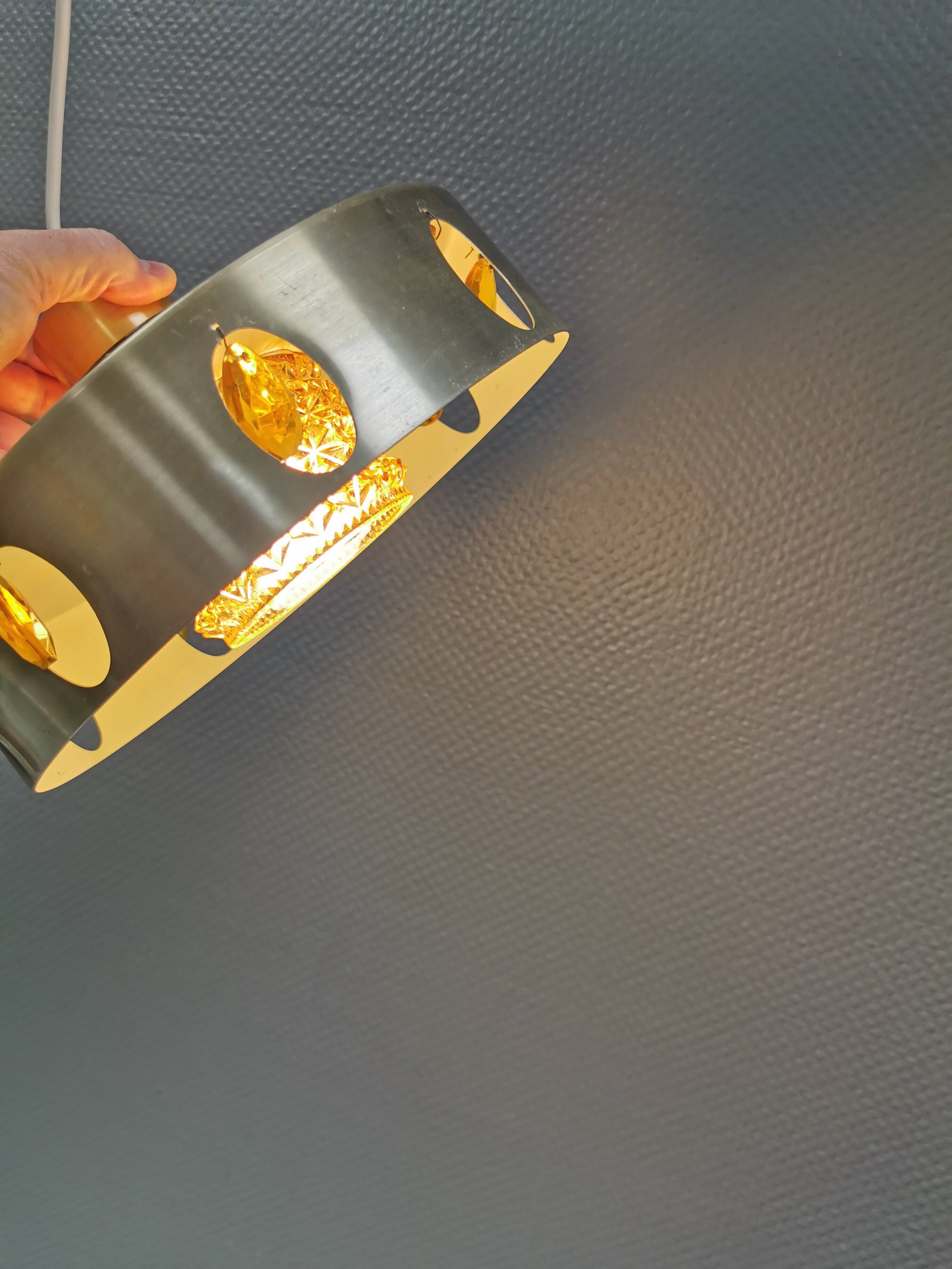 Danish hanging lamp made of glass, metal and with amber colored prisms