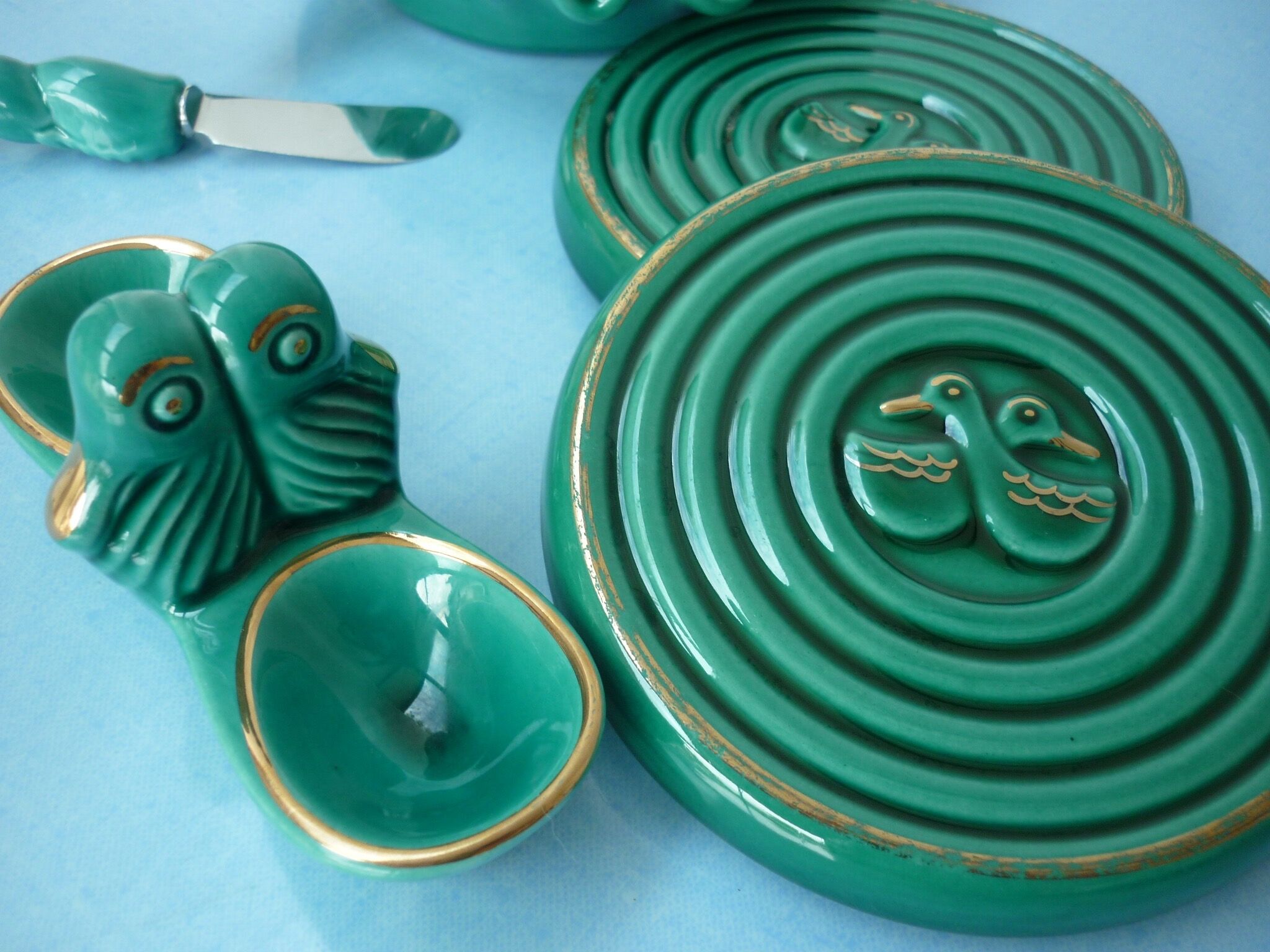 Vallauris buttermaker, table servant and vintage glassware