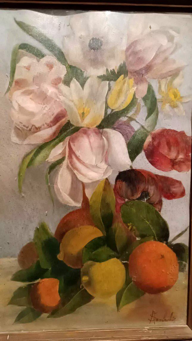 Tableau De La Fin Du 19ème Siècle, Signé, Fleurs, Citrons, Oranges. 67x43