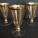 Set of three Hartzviller crystal glasses with golden stripes from the 50s and 60s