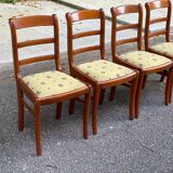 4 chaises en bois massif et tissu jaune fleurs Louis Philippe