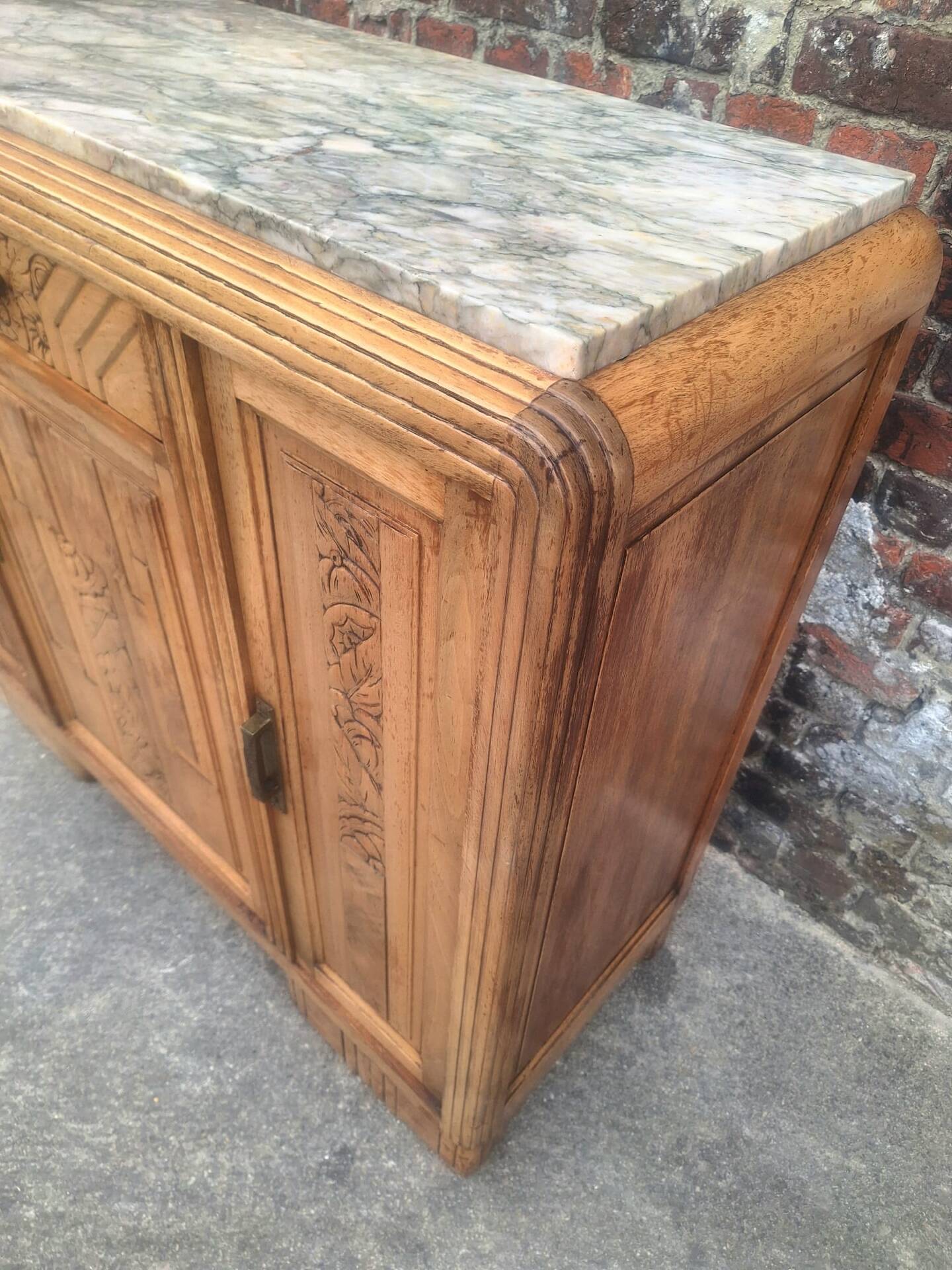 Art Deco buffet with marble top, antique sideboard.
