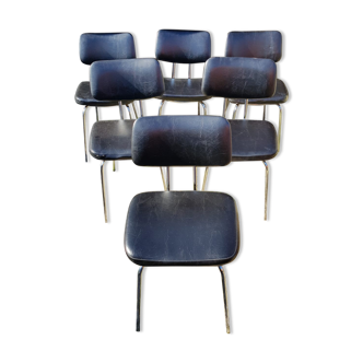 Série de 6 chaises métal chromé avec assise & dossier skaï noir années 70 vintage