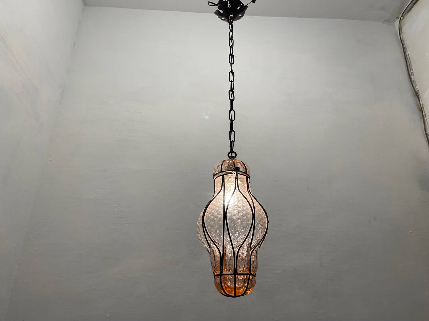 Pink Murano Glass Wrought Iron Light Pendant 1970’s