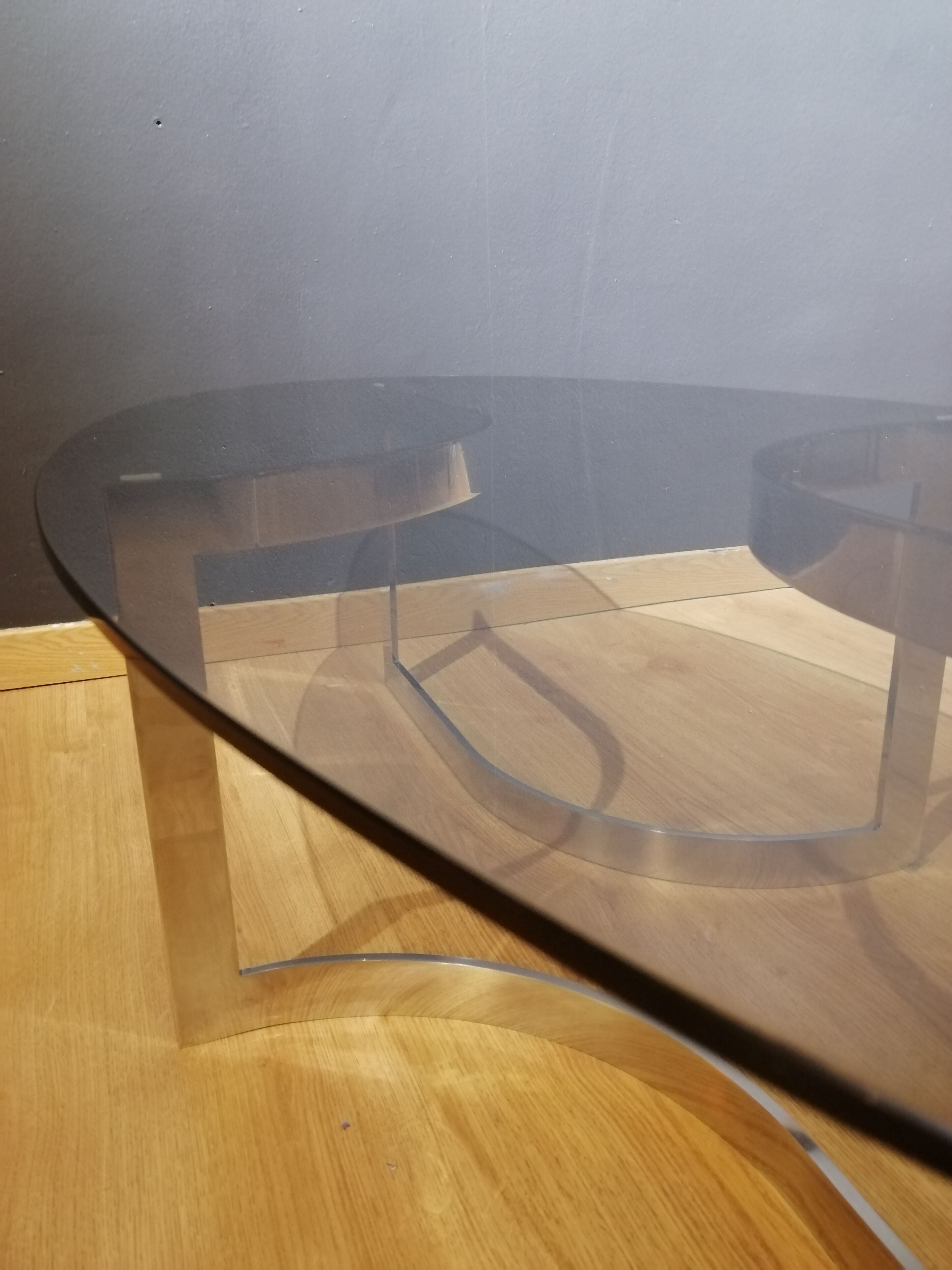 Coffee table in smoked glass and chrome by designer Paul Legeard, 70s