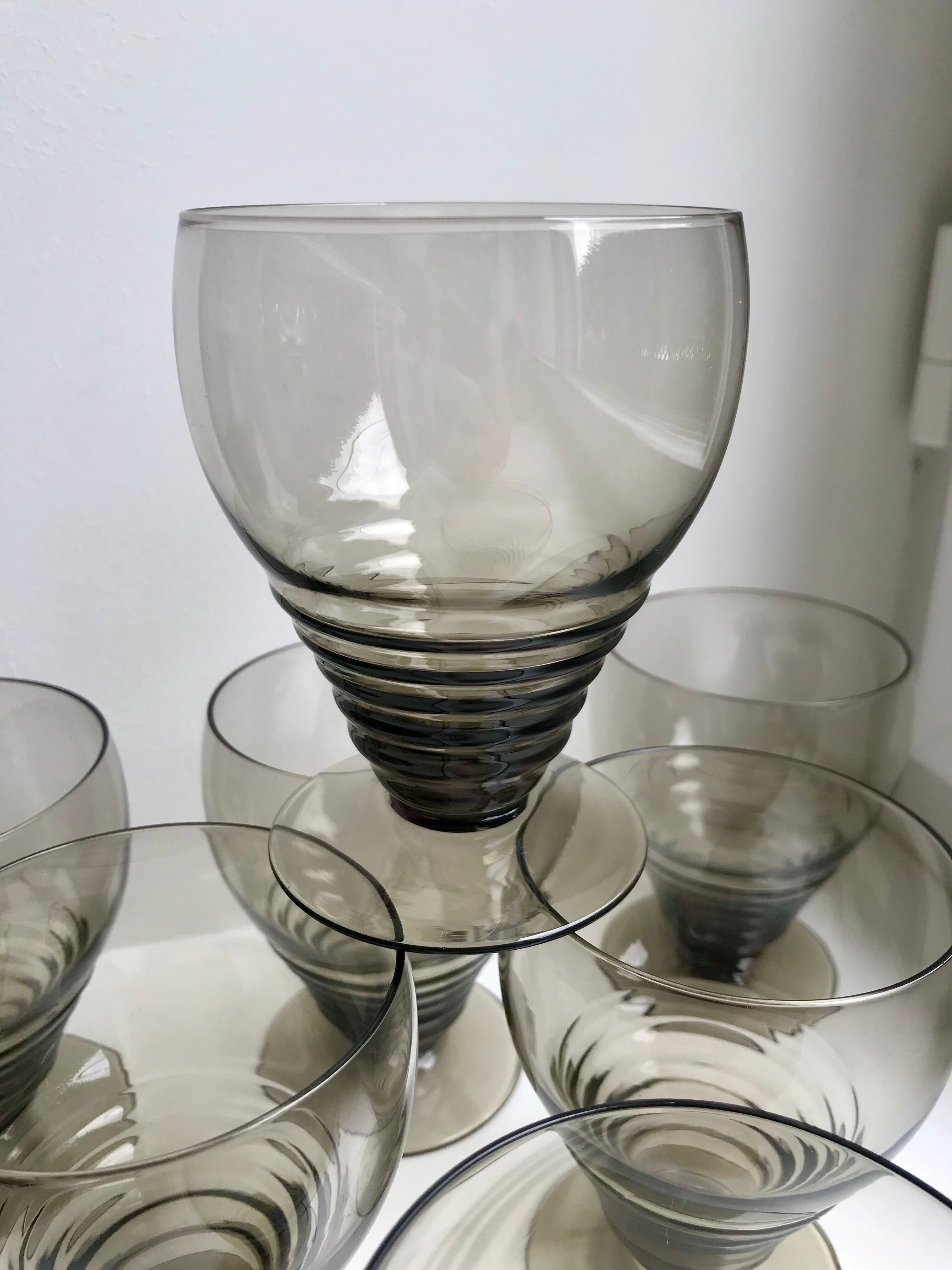 Set of 7 wine glasses  art deco smoked glass years 30-40
