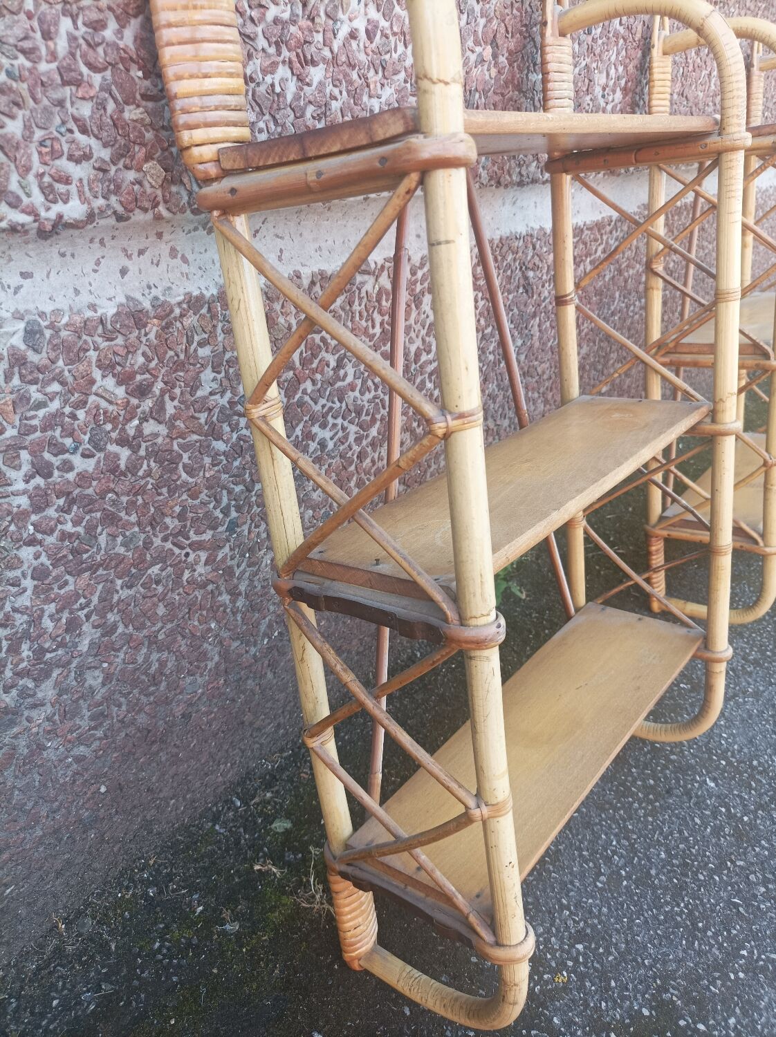 Pair of wall shelves vintage in rattan bamboo wicker