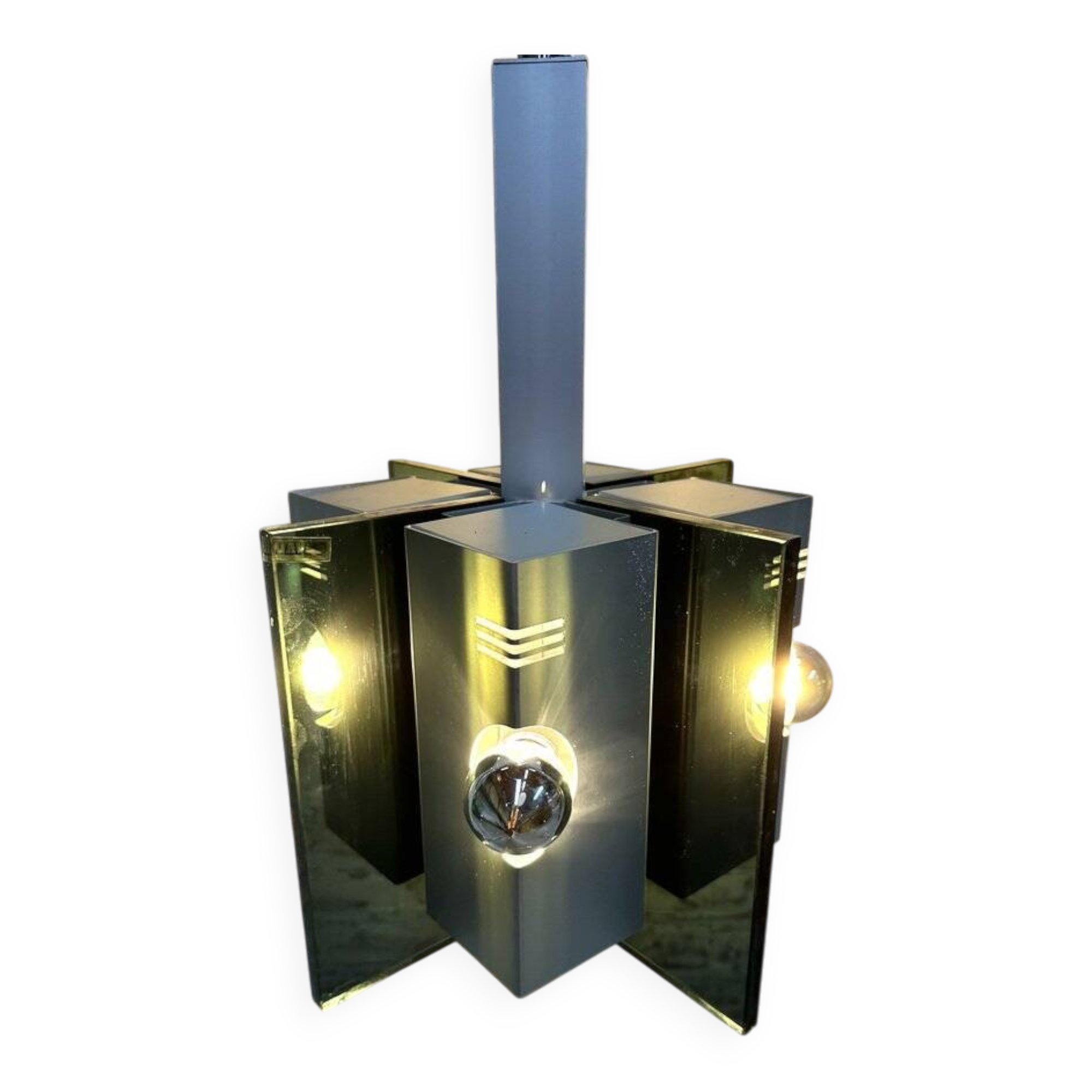 Lampe suspendue vintage en verre fumé et aluminium italien, années 1970