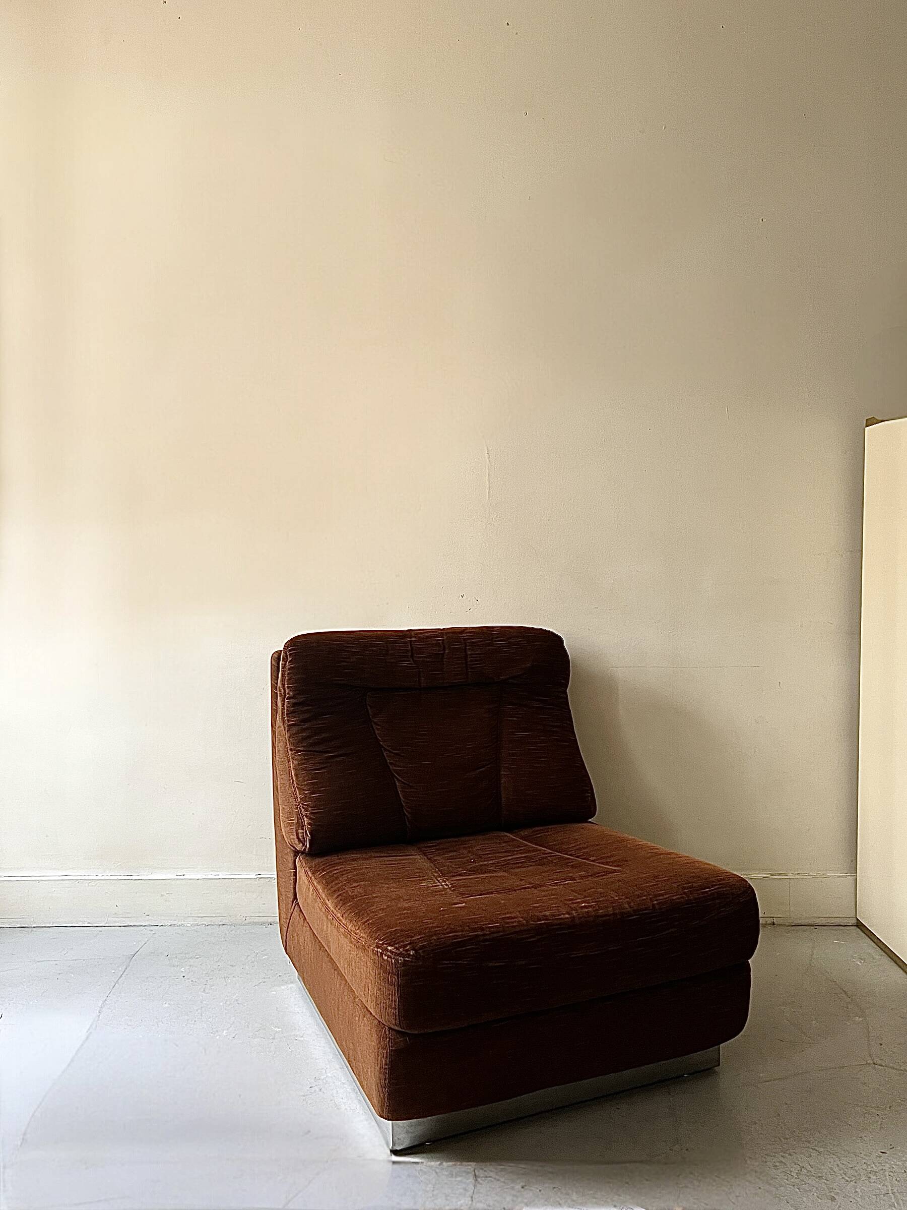 Velvet armchair with chrome metal by J. Charpentier, France, design 1970.