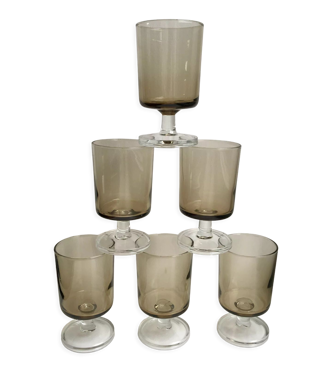Lot de 6 verres à pieds en verre fumé made in France années 70
